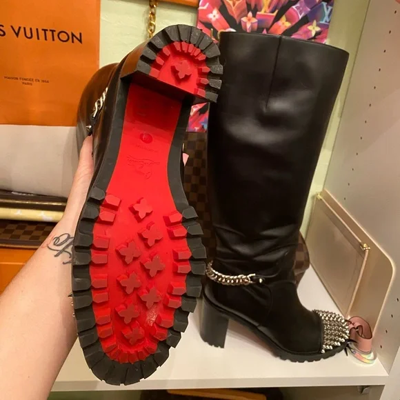 SOLD❤️Christian Louboutin Napaleona Spiked-Toe Red Knee Bl boots leather - Picture 4 of 16